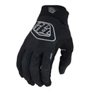 The Troy Lee Designs AIR GLOVE BLACK | YOUTH features a textured, full-fingered design in black with a bold white logo—ideal mountain bike gloves for grip and style, shown on a white background.