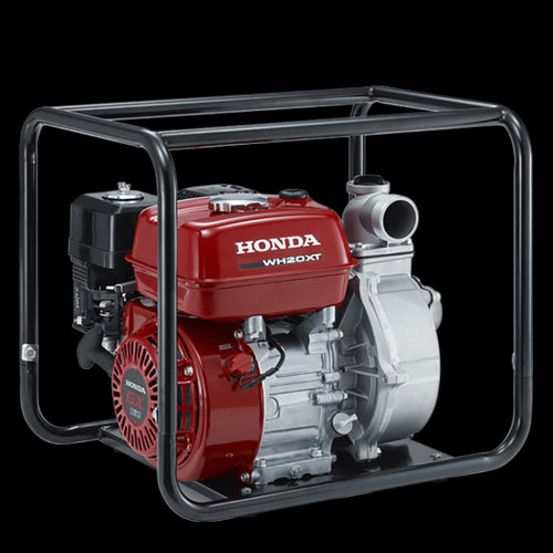 The Honda Power Equipment WH20XT 2" Water Pump in red and silver is housed in a black metal frame, featuring advanced 4-stroke technology with clearly visible engine components and branding.