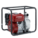 The Honda Power Equipment WH20XT 2" Water Pump in red and silver is housed in a black metal frame, featuring advanced 4-stroke technology with clearly visible engine components and branding.