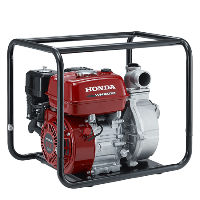 The Honda Power Equipment WH20XT 2" Water Pump in red and silver is housed in a black metal frame, featuring advanced 4-stroke technology with clearly visible engine components and branding.