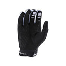 The Troy Lee Designs REVOX GLOVE BLACK features perforated fingers, white accents, and a bold logo on the back, presented against a plain white background.