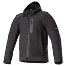 Introducing the Alpinestars Neo WP Hoodie from Crown Kiwi Enterprises Limited: a modern and functional black jacket with a hood, boasting a zip-up front, a zippered chest pocket, and subtle reflective details on both the chest and sleeves. This Tech-Air® Ready hoodie is ideal for outdoor activities.