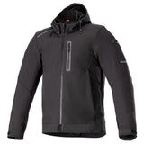 Introducing the Alpinestars Neo WP Hoodie from Crown Kiwi Enterprises Limited: a modern and functional black jacket with a hood, boasting a zip-up front, a zippered chest pocket, and subtle reflective details on both the chest and sleeves. This Tech-Air® Ready hoodie is ideal for outdoor activities.