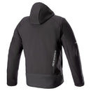 Introducing the Alpinestars Neo WP Hoodie from Crown Kiwi Enterprises Limited: a modern and functional black jacket with a hood, boasting a zip-up front, a zippered chest pocket, and subtle reflective details on both the chest and sleeves. This Tech-Air® Ready hoodie is ideal for outdoor activities.