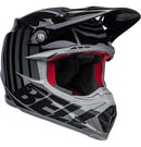 Introducing the Bell MOTO-9S FLEX Sprint Matte/Gloss Black/Grey: a sleek off-road racing helmet with silver accents and an aggressive design. This safety-focused helmet features a visor, angular lines, and prominently displays the BELL brand on the side. It is ideal for off-road and motocross activities.