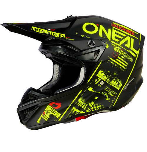 A top view of the O'Neal 5SRS ATTACK Helmet - Black/Neon showcases its striking graphic designs in neon yellow and white. The ABS shell construction ensures durability, with the ONEAL logo prominently displayed on the sides and top. Various branding and text, including a bold skull graphic, are imprinted around its surface.