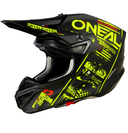 A top view of the O'Neal 5SRS ATTACK Helmet - Black/Neon showcases its striking graphic designs in neon yellow and white. The ABS shell construction ensures durability, with the ONEAL logo prominently displayed on the sides and top. Various branding and text, including a bold skull graphic, are imprinted around its surface.