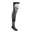 A single long riding sock with a gray and black design, featuring the Crown Kiwi Enterprises Limited logo near the top. These Knee Brace Socks offer reinforced areas for comfort and knee protection, making them ideal for wearing with off-road boots.