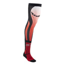 A single Knee Brace Sock from Crown Kiwi Enterprises Limited, showcasing a black, white, and red color scheme. It boasts a gradient design with branding on the upper leg area and a logo on the foot. Inspired by MX Long Knee Brace Socks, it includes reinforced areas around the toe and heel for enhanced knee protection.