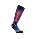 The ALPINESTARS MX Plus Socks are knee-high, featuring Dryarn® technology. They have a black cuff, purple calf with orange text, and multicolored stripes in black, blue, gray, and orange around the foot and ankle. The design is vibrant, sporty, and moisture-wicking.
