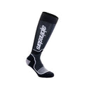 The MX Plus Socks by ALPINESTARS are black with gray accents and a white side logo, crafted for Alpinestars off-road boots. They feature reinforced padding at the toe, heel, and arch, with moisture-wicking fabric ensuring comfort during intense rides.