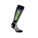The MX Plus Sock from ALPINESTARS is a knee-high sock featuring a gray and black color scheme with neon green accents and moisture-wicking fabric. It displays "alpinesets" in large green text on the side, ideal for off-road boots with reinforced padding.