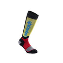 The Alpinestars Youth MX Plus Socks from Crown Kiwi Enterprises Limited are a sporty, knee-high design with mixed textures. They feature a breathable yellow upper section with blue text, a red middle, and black accents at the top, heel, and toe—perfect for pairing with off-road boots.