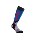 The MX Plus Socks by Crown Kiwi Enterprises Limited is a single knee-length athletic sock in blue, black, and red, featuring the word "alpines" in red on the side. It is expertly crafted to enhance rider comfort with its gray sole, making it an ideal companion for off-road boots during sports or outdoor activities.