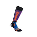 Introducing the Alpinestars Youth MX Plus Socks from Crown Kiwi Enterprises Limited: These vibrant knee-high socks feature a striking vertical design with bold orange text reading "SPINESTER." Crafted for superior comfort, the socks are predominantly purple, blue, and black, incorporating moisture-wicking materials with orange accents at the toe and top edge.