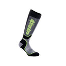 The Alpinestars Youth MX Plus Socks by Crown Kiwi Enterprises Limited features a black and gray knee-high design with lime green accents and text, crafted for rider comfort with diverse textures and reinforcements. The moisture-wicking fabric keeps feet dry, making them ideal for pairing with off-road boots.