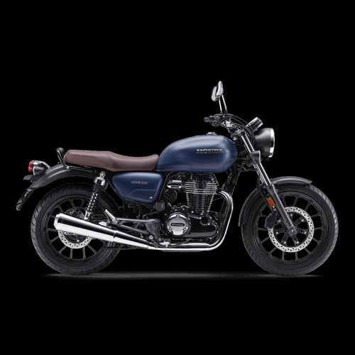 The Honda GB350 is a retro-styled, dark blue motorcycle with a brown seat, spoked wheels, round headlamp, and chrome exhaust accents. Its 348cc engine is highlighted in its classic side profile against a white background.