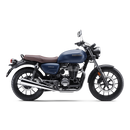 The Honda GB350 is a retro-styled, dark blue motorcycle with a brown seat, spoked wheels, round headlamp, and chrome exhaust accents. Its 348cc engine is highlighted in its classic side profile against a white background.