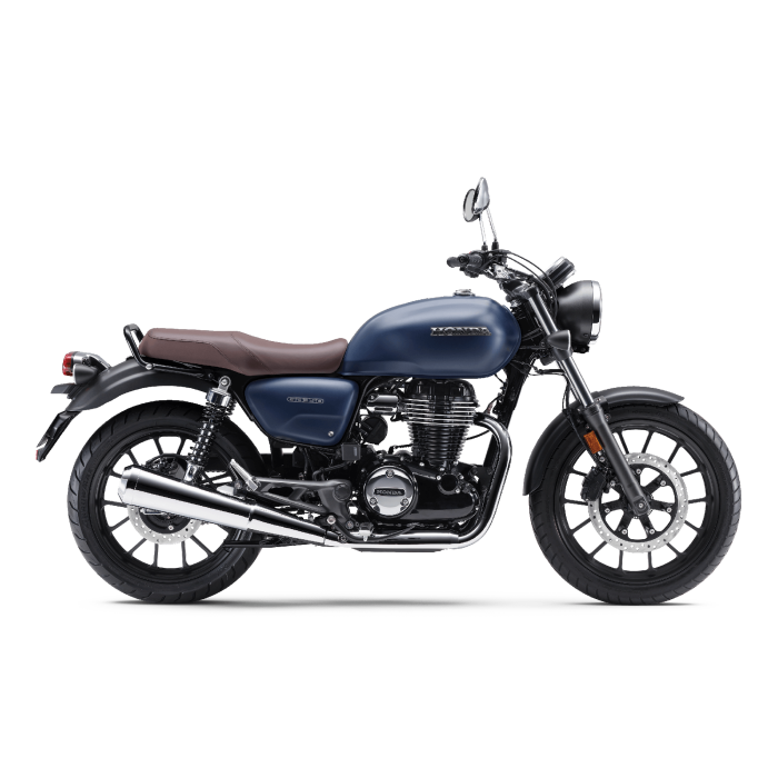 The Honda GB350 is a retro-styled, dark blue motorcycle with a brown seat, spoked wheels, round headlamp, and chrome exhaust accents. Its 348cc engine is highlighted in its classic side profile against a white background.