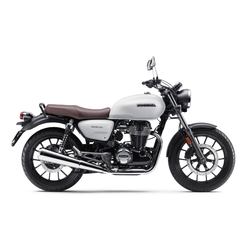 The Honda GB350 is a retro-styled, dark blue motorcycle with a brown seat, spoked wheels, round headlamp, and chrome exhaust accents. Its 348cc engine is highlighted in its classic side profile against a white background.
