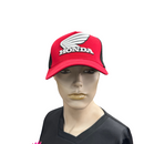 The Honda Kids Cap Red by HRC features a red and black design with a white winged logo and the word "HONDA" on the front. Made from 100% cotton, this cap has a black mesh back and an adjustable snapback strap for perfect sizing.