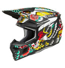 The O'Neal 2025 3SRS INKED Helmet - Multi by ONEAL boasts a vibrant design with tattoo-inspired art, including roses, skulls, and striking patterns in red, green, and yellow. Constructed from a durable polycarbonate/ABS shell, it features ventilation for added comfort. The logos and branding enhance its bold appearance.