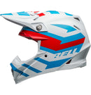 The Bell MOTO-9S FLEX Banshee Gloss White/Red is a safety-focused, full-face motocross helmet adorned with a striking blue, red, and white geometric design. It features a visor, multiple ventilation openings, and the brand name "BELL" in blue on the side. The interior padding is visible around the face opening, making it perfect for off-road racing.