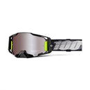 The Armega Goggle Lightspeed by Crown Kiwi Enterprises Limited is a pair of sleek moto goggles with a HiPER contrast-enhancing reflective lens, black frame, green accent, and black strap featuring a bold white "100" logo. It offers an ULTRA HD lens for exceptional visual clarity on every ride.