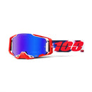 The Armega Goggle Morpho by Crown Kiwi Enterprises Limited features an ULTRA HD mirrored lens for crystal-clear vision. Its strap showcases a bold "100" design with dynamic red and blue splashes, combining style and performance on the track.