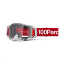 The Armega Goggle Corbin by Crown Kiwi Enterprises Limited features a white frame, ULTRA HD clear lens, and a red strap with "100Percent" in bold white text—a sleek, modern design perfect for off-road or extreme sports enthusiasts seeking clarity and style.