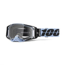 The Armega Goggle Petros by Crown Kiwi Enterprises Limited features a sleek design in blue and black with a wide "100 percent" strap. It offers an ULTRA HD lens, HiPER contrast-enhancing technology, and a sturdy frame for clear vision during motocross adventures.