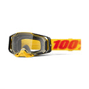 The Armega Goggle Tetsu by Crown Kiwi Enterprises Limited is a sleek pair of yellow and black motocross goggles with a transparent ULTRA HD lens and a yellow strap featuring "100" in bold red gradient font. Enhanced by HiPER technology, these angular goggles stand out on a white background.