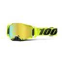 The Armega Goggle Nuclear Citrus by Crown Kiwi Enterprises Limited features neon yellow motocross goggles with a reflective ULTRA HD lens for impact protection. A black strap displaying "100" complements the sleek, modern design with HiPER contrast-enhancing technology against a plain white background.