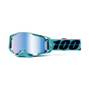 The Armega Goggle Esterel by Crown Kiwi Enterprises Limited features teal and blue frames with HiPER contrast-enhancing reflective lenses. A bold, black strap showcases the "100" logo, combining style with performance.