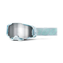 The Armega Goggle Fargo by Crown Kiwi Enterprises Limited features HiPER contrast-enhancing lens technology with a reflective ULTRA HD lens, light blue color, an adjustable strap with "100" in large print, a sturdy frame, and ventilation openings for optimal performance.