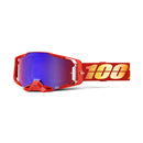 The Armega Goggle Nuketown from Crown Kiwi Enterprises Limited has a blue reflective HiPER lens and an adjustable strap with bold yellow "100%" lettering, delivering style and functionality for motocross enthusiasts.