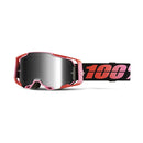 The 100% Armega Goggle Guerlin features red and pink colors with a reflective ULTRA HD lens, a black strap with "100" in large pink letters, and HiPER contrast-enhancing lens technology for clear vision.