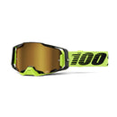 A pair of Armega Goggle Neon Yellow sports goggles from Crown Kiwi Enterprises Limited features mirrored ULTRA HD lenses and a black frame with a "100" design on a green strap, ensuring style and clarity in every environment.