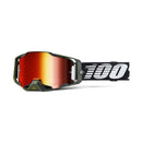 The Armega Goggle Soledad by Crown Kiwi Enterprises Limited features an olive green frame and red-orange ULTRA HD lenses. A black strap with bold white "100" lettering pairs with HiPER contrast-enhancing lens technology for unmatched clarity on every ride.