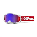 The Armega Goggle Corbin by Crown Kiwi Enterprises Limited features a white frame with red highlights, a red strap with white "100Percent" text, and a reflective blue lens offering ULTRA HD clarity and HiPER contrast-enhancing technology.