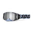 The Armega Goggle Petros by Crown Kiwi Enterprises Limited features a mirrored ULTRA HD lens, a black and blue frame, and a gray strap with the number "100" in bold black lettering. It offers contrast-enhancing lens technology for superior vision on the track.