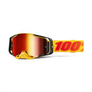 The Armega Goggle Tetsu by Crown Kiwi Enterprises Limited features a modern design with yellow and black colors, ULTRA HD red-tinted lenses, and HiPER technology for enhanced contrast. The strap boldly displays "100" in red on a yellow background, ideal for high-performance activities.