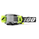 The Armega Forecast Goggle Black by Crown Kiwi Enterprises Limited features UltraHD lenses with neon yellow accents and a black strap with a bold white "100%" logo, while the frame includes stylish design elements for enhanced protection.
