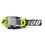 The Armega Forecast Goggle Black by Crown Kiwi Enterprises Limited features UltraHD lenses with neon yellow accents and a black strap with a bold white "100%" logo, while the frame includes stylish design elements for enhanced protection.