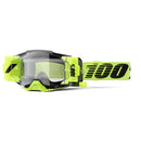 The Armega Forecast Goggle Yellow by Crown Kiwi Enterprises Limited features a neon green and black design with a clear lens and ARMEGA Forecast rapid-lens changing system. The adjustable strap displays "100%" in bold black letters for style and functionality on every ride.