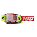 The Armega Forecast Goggle Red by Crown Kiwi Enterprises Limited features a red and black frame with UltraHD lenses for clear vision. Neon yellow highlights and a bold white "100%" logo on the red strap enhance its sporty design, while the robust mud system suits any off-road adventure.