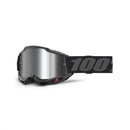 These Accuri 2 Goggles from Crown Kiwi Enterprises feature a sleek black design with a reflective silver anti-fog lens and an adjustable strap with "100" in bold gray. They offer premium performance and ultimate clarity on the motocross track.