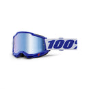 The 100% Accuri 2 Goggle Blue offers premium motocross performance with an anti-fog, reflective lens and a white strap displaying "100" in bold blue. It boasts an aerodynamic design and larger vertical field of view for optimal riding.