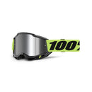 The Accuri 2 Goggle Neon Yellow by 100% features a vivid design with an anti-fog lens, adjustable strap, and bold "100" in black for premium performance and sporty style.