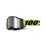 The Accuri 2 Goggle Neon Yellow by 100% features a vivid design with an anti-fog lens, adjustable strap, and bold "100" in black for premium performance and sporty style.